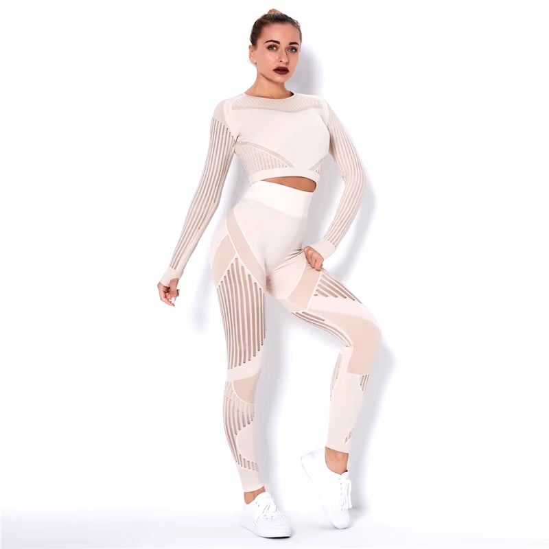 Hollow Out Seamless Yoga Set Sport Outfits Women Black Two 2 Piece Crop Top Bra Leggings Workout Gym Suit Fitness Sport Sets