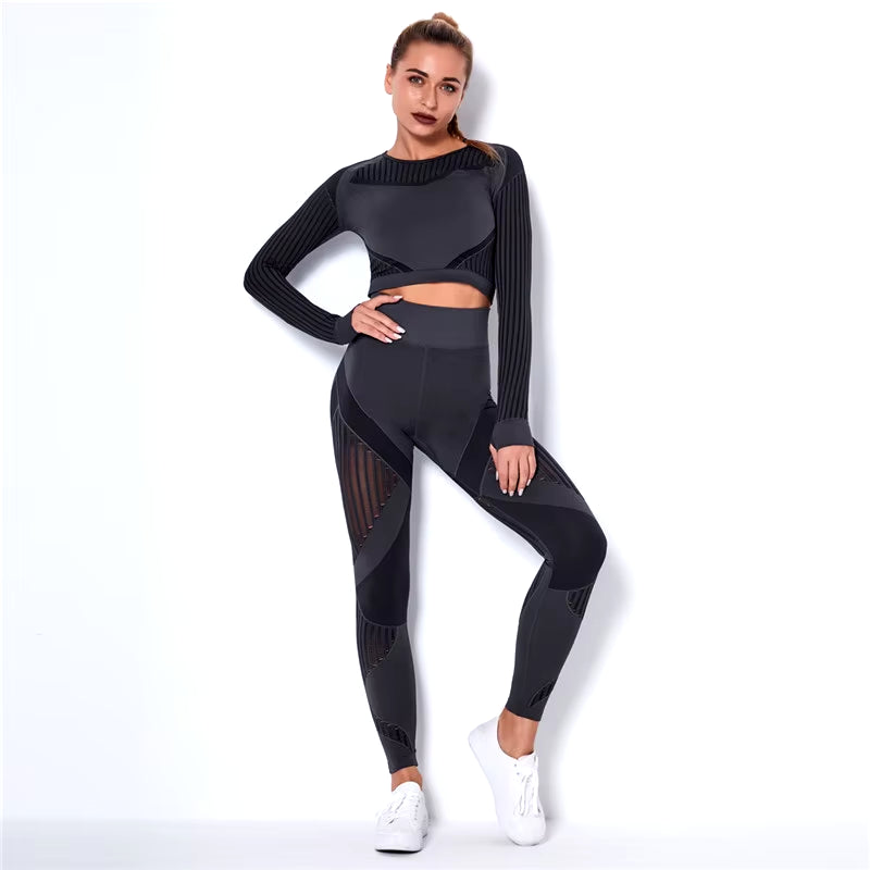 Hollow Out Seamless Yoga Set Sport Outfits Women Black Two 2 Piece Crop Top Bra Leggings Workout Gym Suit Fitness Sport Sets