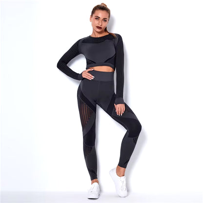 Hollow Out Seamless Yoga Set Sport Outfits Women Black Two 2 Piece Crop Top Bra Leggings Workout Gym Suit Fitness Sport Sets