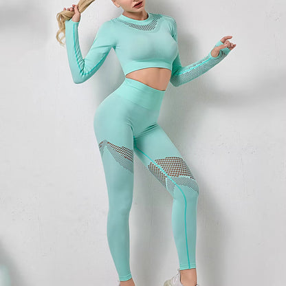 Yoga Sets Women Gym Clothes Seamless Long Sleeve Crop Tops Mesh Sports Leggings Running Workout High Waist Pants Fitness Wear