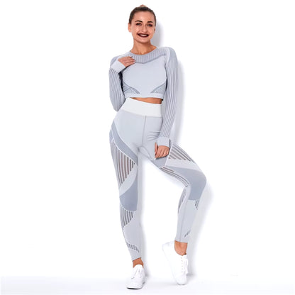 Hollow Out Seamless Yoga Set Sport Outfits Women Black Two 2 Piece Crop Top Bra Leggings Workout Gym Suit Fitness Sport Sets