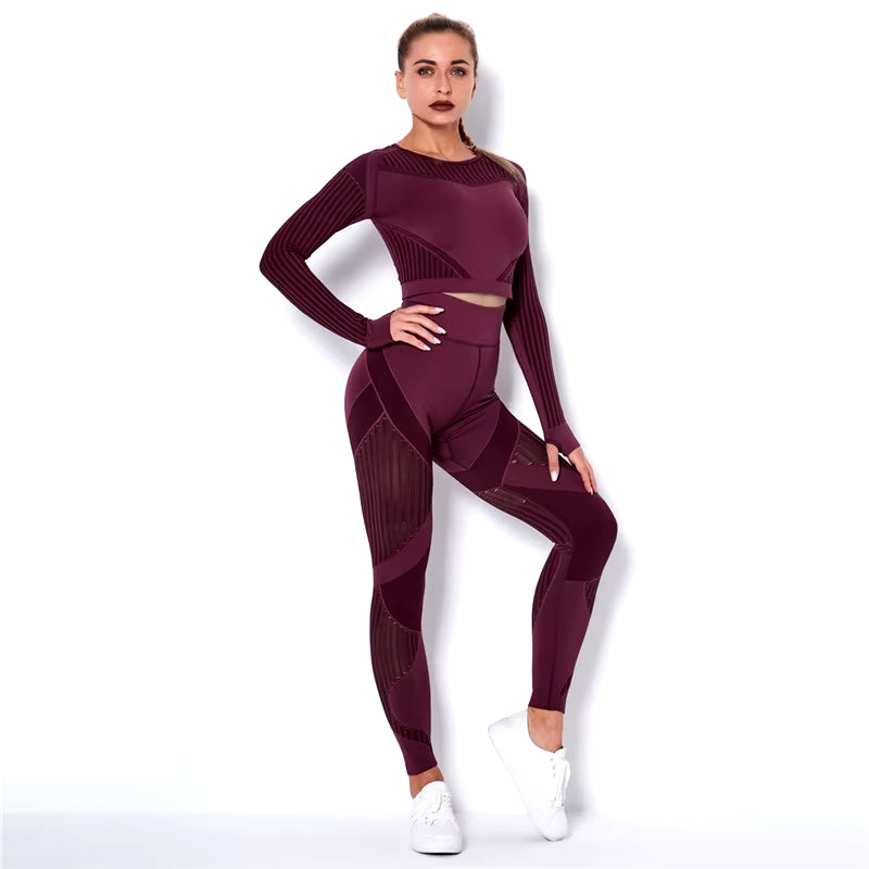 Hollow Out Seamless Yoga Set Sport Outfits Women Black Two 2 Piece Crop Top Bra Leggings Workout Gym Suit Fitness Sport Sets