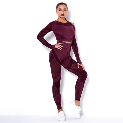 Hollow Out Seamless Yoga Set Sport Outfits Women Black Two 2 Piece Crop Top Bra Leggings Workout Gym Suit Fitness Sport Sets